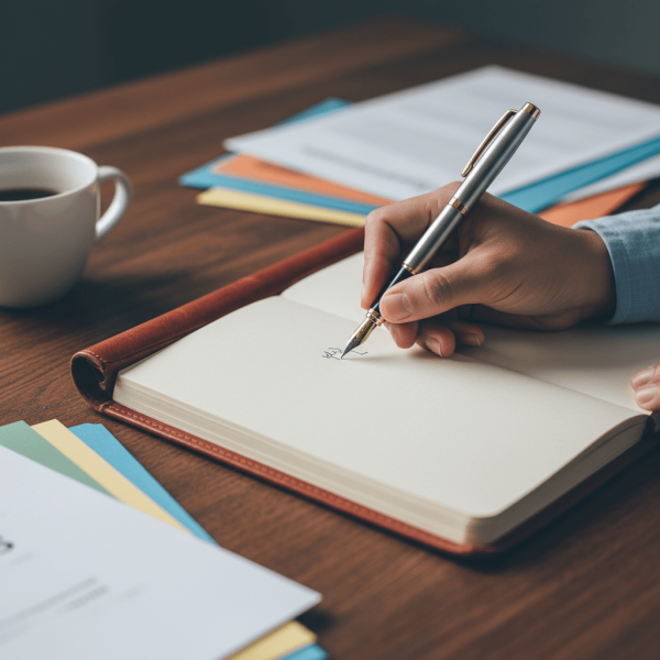 Consultant prenant des notes manuscrites lors d'un entretien préalable de bilan de compétences